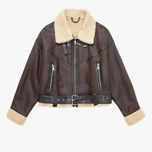 Cider Faux Leather / Shearling Biker Crop Brown Aviator Jacket Size Medium NWT